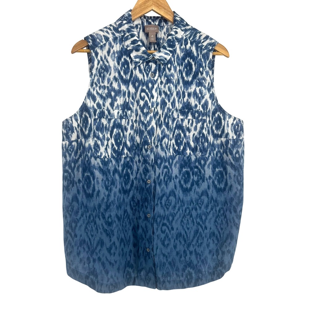 Chicos Size 4 XXL 100% Cotton Sleeveless Button Down Top Blue Ikat Ombre Coastal